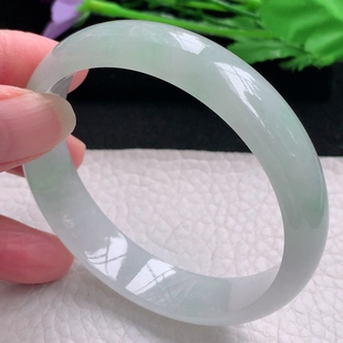 缅甸翡翠A货玉手镯冰飘绿宽边玉手环 6.3平安镯 pj自然光58