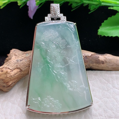 axm实拍58.2*33.8*7.8缅甸翡翠冰飘绿花山水牌玉吊坠 玉挂件