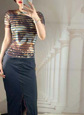 特 Jeanpaul Gaultier 高缇耶烟花与贵妇全网纱弹力上衣