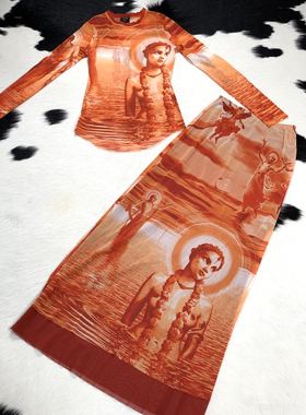 无 Jeanpaul Gaultier 高缇耶 印度众佛网纱纹身感上衣半裙套装