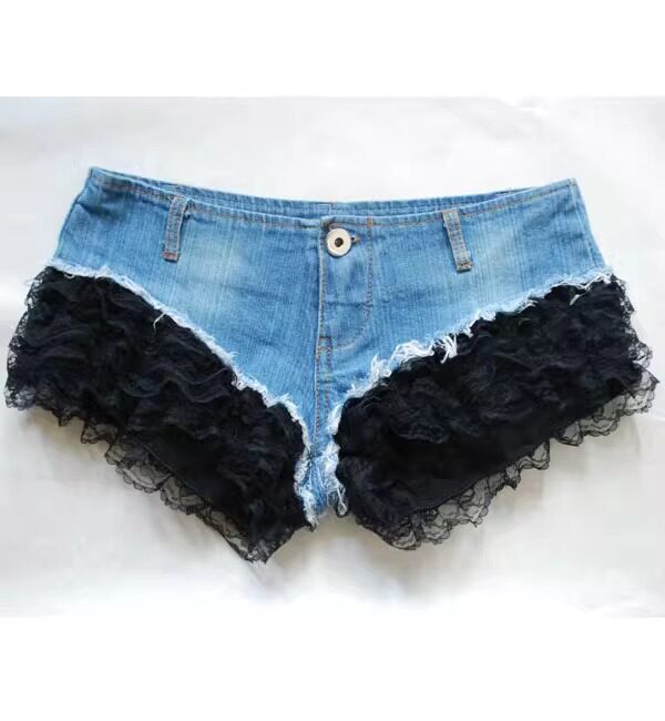 新款低腰牛仔短裤性感蕾丝拼接热裤夜店钢管舞超短裤辣妹紧身显瘦