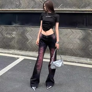 Niche Clothing 美式复古紫色低腰牛仔裤修身显瘦微喇裤拖地裤子