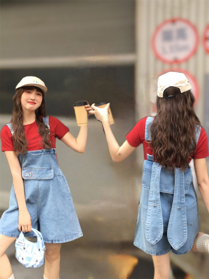 多巴胺穿搭牛仔背带短裤女春夏兔耳朵设计感宽松阔腿小个子五分裤