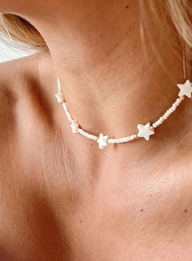 小众饰品欧美风贝壳五角星白色米珠串珠项链 气质女生锁骨颈链女