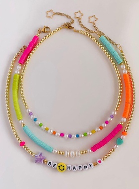 MLGM波西米亚风串珠软陶彩色字母锁骨链 个性百搭天然珍珠项链女