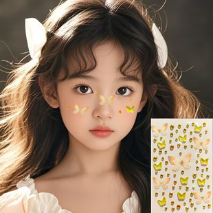 儿童薄纱蝴蝶脸贴装饰品立体免胶女童精致碎钻化妆贴舞台妆容仙子