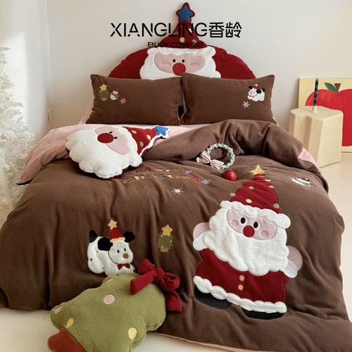 秋冬ins风圣诞羊毛绒加厚四件套