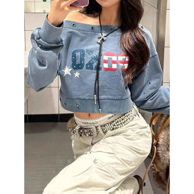 美式复古水洗短款卫衣女