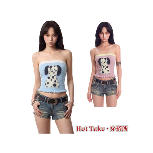 Hot Take 穿搭所 时尚卡通可爱小狗显瘦设计感Y2k甜辣妹短款抹胸