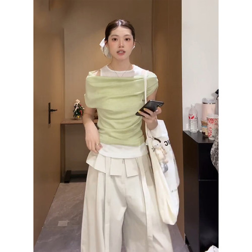 韩系撞色拼接露肩显白短袖T恤