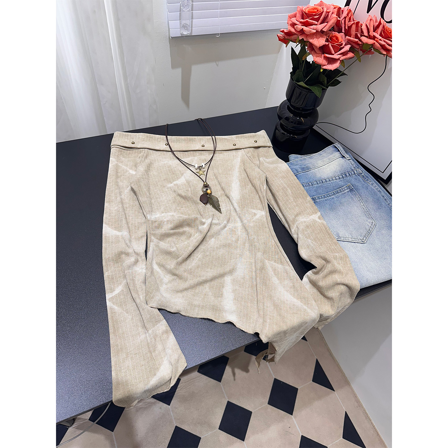 美式辣妹一字肩长袖T恤女