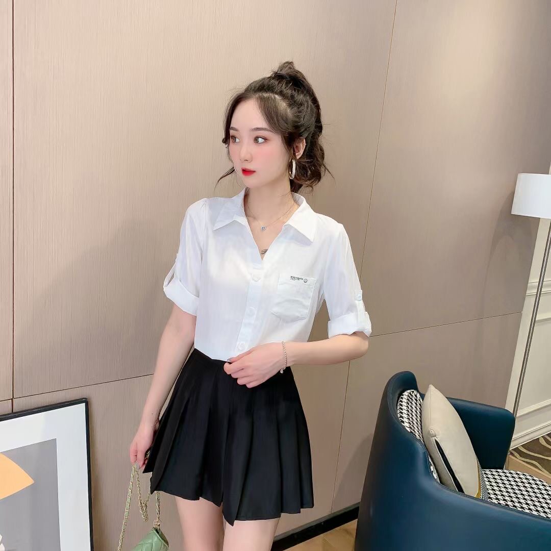 白色职业长袖衬衫女2023夏新款韩版显瘦POLO领排扣气质雪纺上衣潮