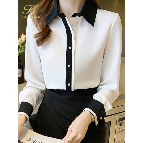 H Han Queen Contrast Color Single Row Pearl Buckle Office Bl