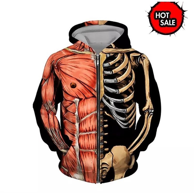 Hot Sale Men Zipper Hoodie Skeleton 3D Printed Zip Up Hoodie