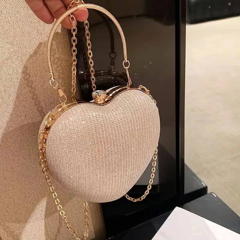 Evening Clutch Bag Women Bag Shiny Handbag Heart Shape Metal