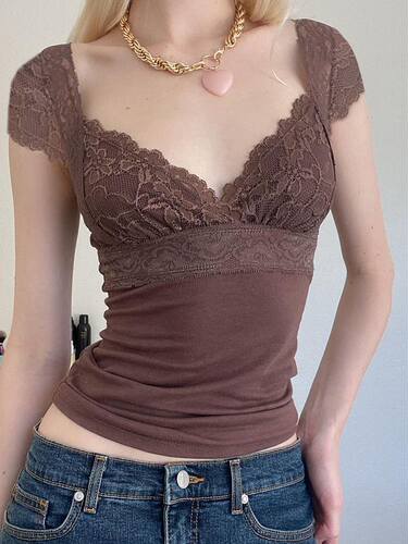 Women Summer y2k Fairy Grunge Short Sleeve Crop ops V Neck L
