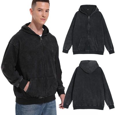 Vintage Black Zip Up Hoodies for Men Women Acid Washed Cotto