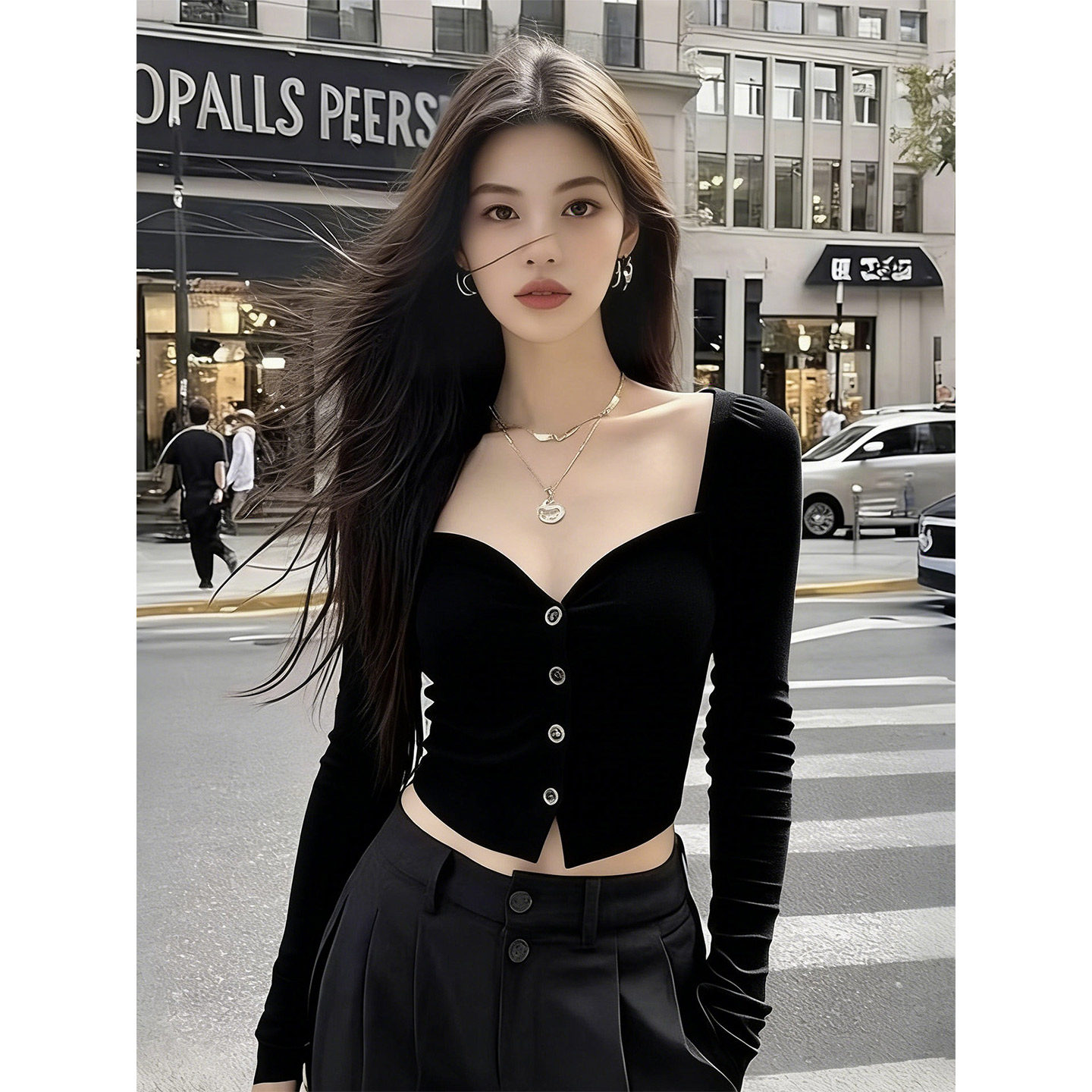 气质黑色方领长袖上衣女2026新款百搭修身显瘦辣妹性感短款上衣,女装/女士精品,T恤,淘宝优惠券,粉丝福利购,淘宝优惠卷