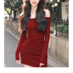 秋季 连衣裙辣妹纯欲风高级感穿搭小礼服红色一字肩内搭裙子潮 长袖