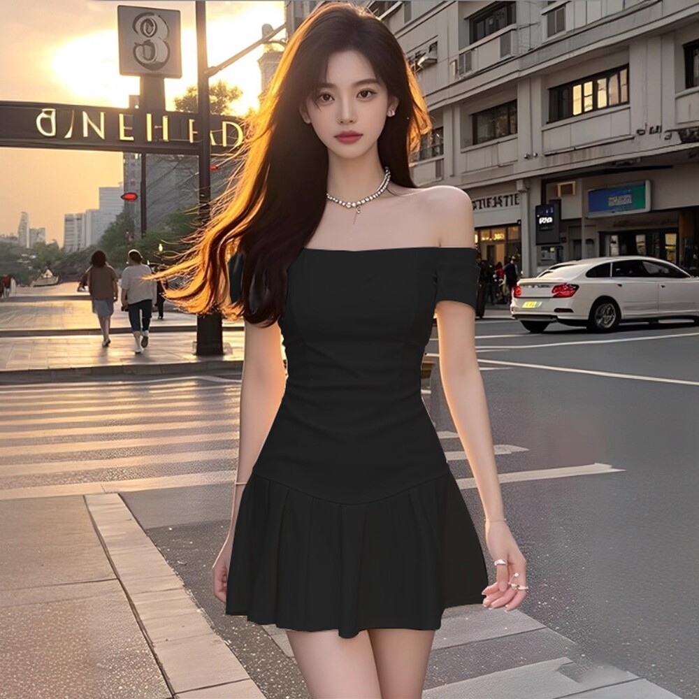2025夏季新款一字肩短袖连衣裙掐腰显瘦a字裙法式短款时尚小黑裙,女装/女士精品,连衣裙,淘宝优惠券,粉丝福利购,淘宝优惠卷