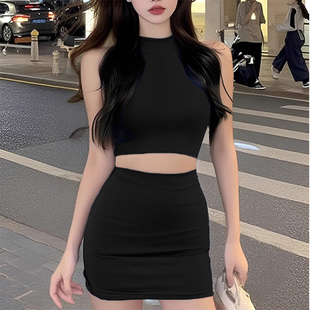 无袖上衣高腰包臀短裙两件套ins风显瘦套装纯欲辣妹通勤约会女装