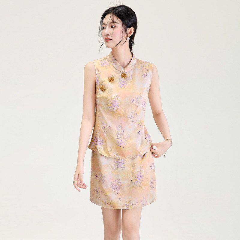 2611402-油画晕染人丝香云纱新中式上衣+国风短裤半裙套装女南油
