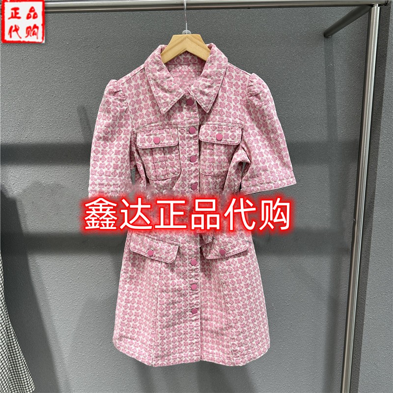 爆款主推2025早春新款单排扣设计收腰小香风短袖牛仔满印连衣裙