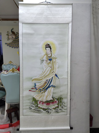 四尺国画卷轴画人物画客厅办公室装饰画风水画中式洒水观音画像B