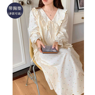 睡裙女款带胸垫春秋季纯棉睡衣2025新款秋天可外穿中长裙家居服裙