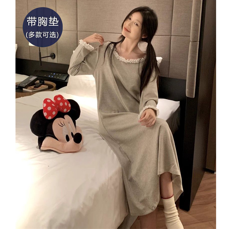带胸垫睡裙女士春秋款纯棉长袖秋冬季2025年新款睡衣连衣裙家居服