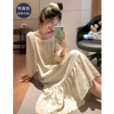 睡裙女款带胸垫睡衣春秋季长袖纯棉长款薄款大码休闲春秋款可外穿