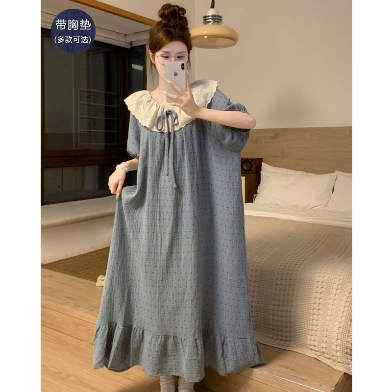 睡裙女士夏季带胸垫薄款纯棉短袖夏天孕妇睡衣大码家居服女连衣裙