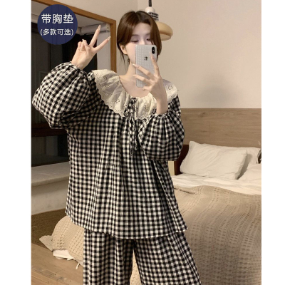 睡衣女带胸垫春秋季纯棉长袖2025年新款休闲可外穿秋冬款家居服女