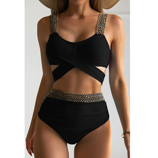 新款 女泳衣交叉绑带分体比基尼欧美性感聚拢型高腰拼接游泳衣