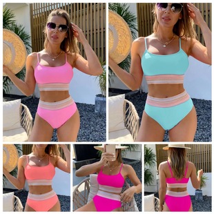 跨境新款 速卖通外贸亚马逊欧美纯色高腰分体比基尼女士泳衣女