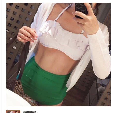 [海上浪花泳衣批发店分体泳衣]新款高腰绿色比基 泳衣女钢托聚胸遮臀月销量0件仅售25元