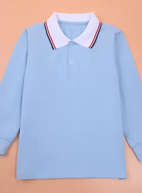 童装校服POLO衫浅蓝色白领长袖T恤男童女童园服中小班服上衣