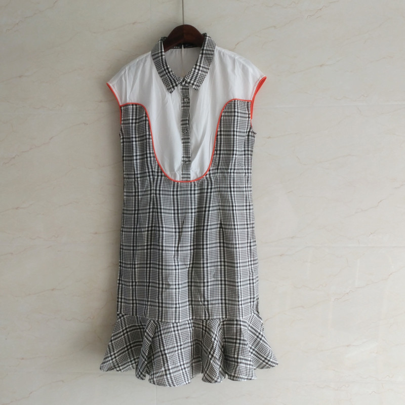 艾系列女装新品格子短袖连衣裙品连衣裙