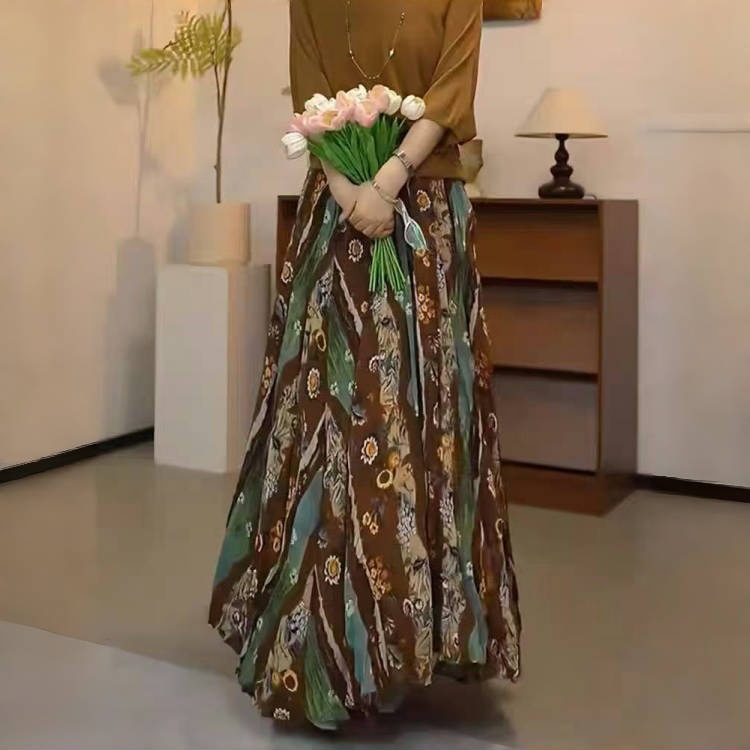 复古民族风5节大摆半身裙女2025秋冬新款松紧腰百搭长裙大码口袋