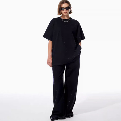 FEAROM黑色百搭烫钻短袖两件套2025春夏新款宽松休闲纯色裤子套装