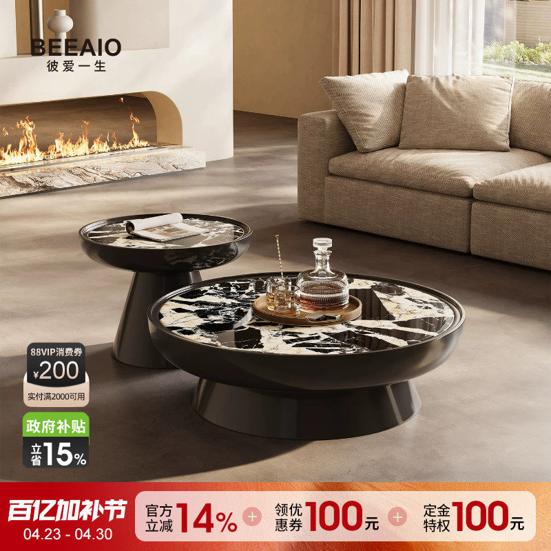 2026新天然奢石茶几客厅家用意式轻奢拿破仑黑圆形茶几大理石茶几