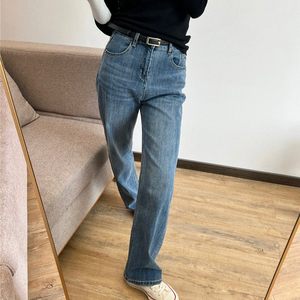 显瘦高腰宽松蓝色小直筒窄版复古拖地筷子腿长裤牛仔裤女春夏新款