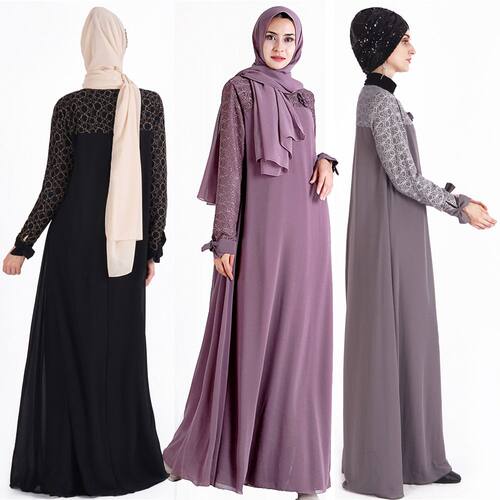 2023秋跨境女装穆斯林保守长连衣裙蕾丝大摆纱裙长袍muslim dress