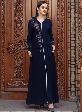 NEW robe藏蓝色V领复古连衣裙中东阿拉伯女装Malaysia long skirt