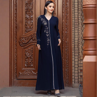 NEW robe藏蓝色V领复古连衣裙中东阿拉伯女装Malaysia long skirt
