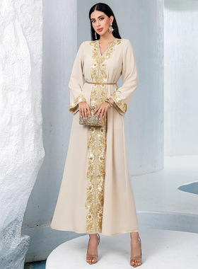 新款杏色V领A字裙跨境时尚金色蕾丝米珠刺绣花边拼接长裙musilin