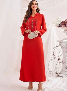 橙红色带帽款手缝钻女士阿拉伯长袍中东沙特连衣裙盖脚踝高个子裙