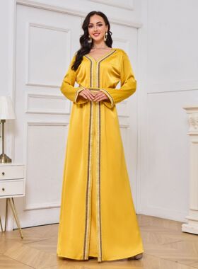 中东跨境外贸迪拜长袍 新款时尚下摆开叉聚会女士礼服黄色连衣裙