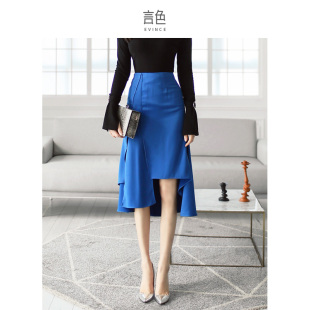 高腰不规则a字半身裙女夏高级感包臀高端仿醋酸蓝色法式 裙子伞裙