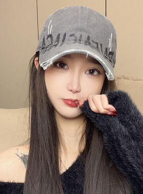 美式复古水洗做旧字母棒球帽女宽帽檐大头围显脸小软顶鸭舌帽子男